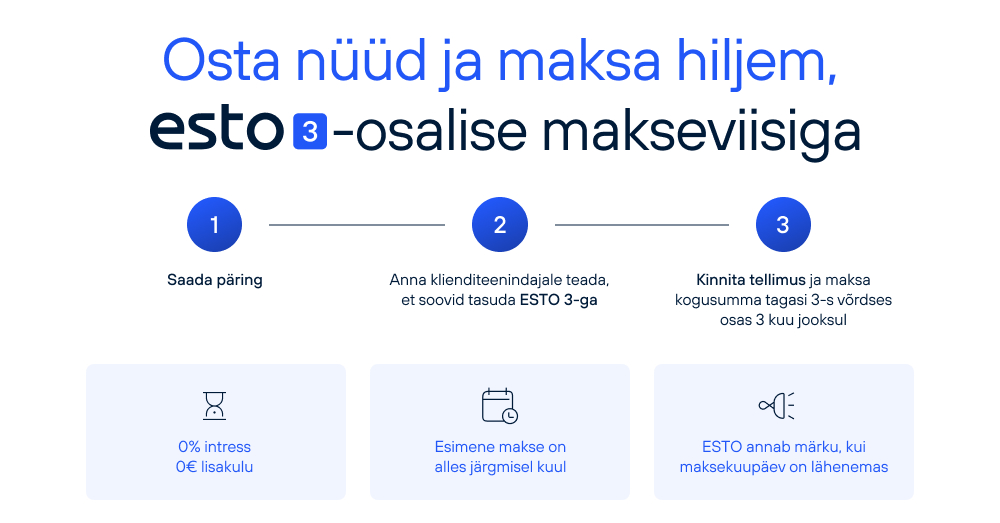 ESTO 3 makseviis on innovatiivne lahendus, mis võimaldab ostu kinnitada ja tasuda mugavalt ning kiirelt – kolmes võrdses osas, ilma lisatasudeta! Anna kliendite